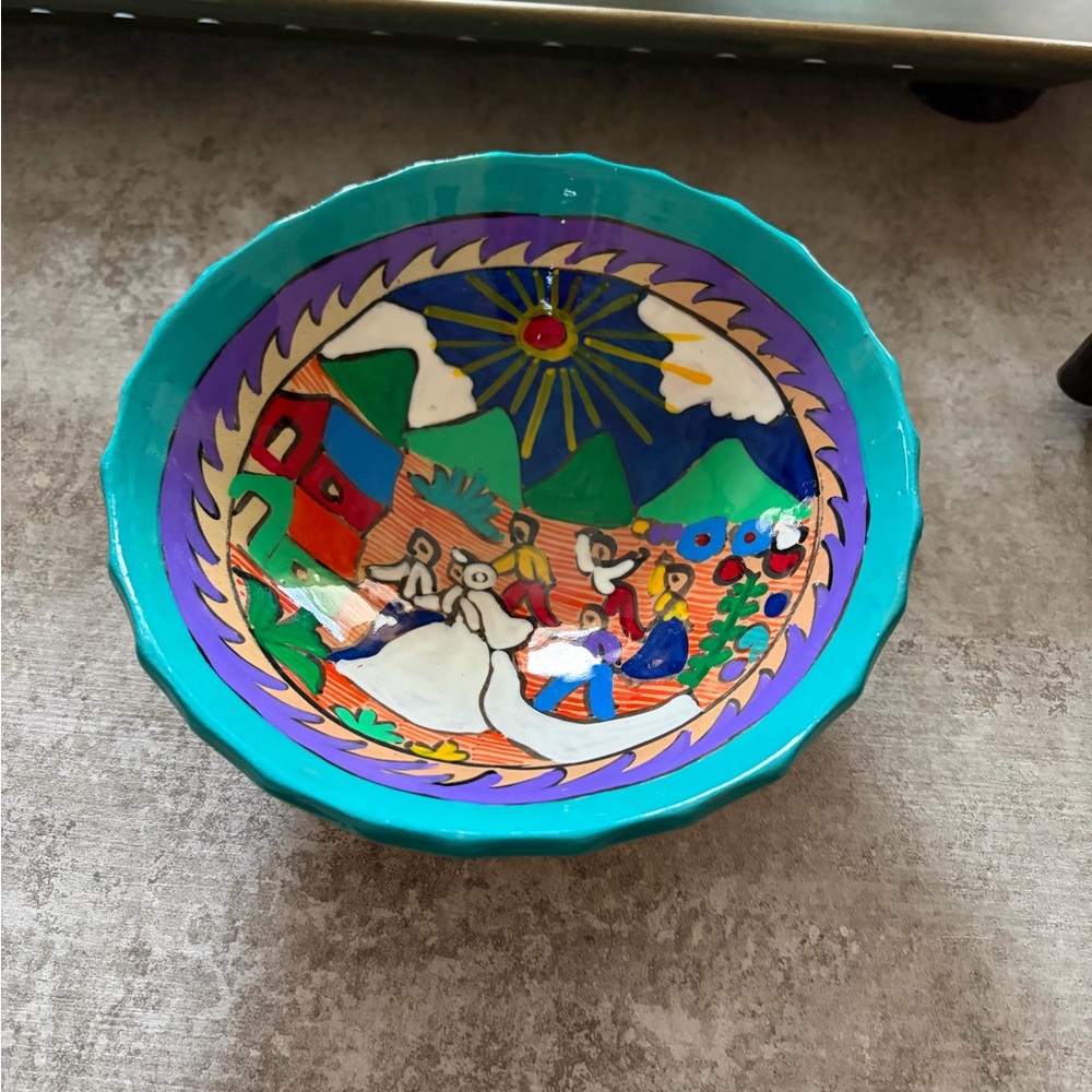 Handcrafted Mexican Multicolor Ceramic Art Bowl Wedding Gift depicting a Wedding - Picture 2 of 5